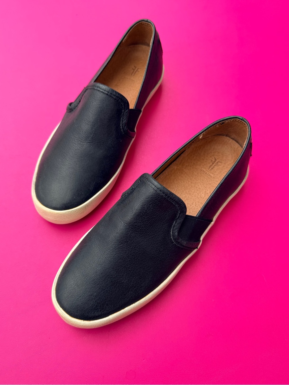 Frye Ivy Slip On Leather Sneakers Black White Low Top Flat Minimalist Shoes 5.5